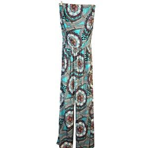 Boho Medallion Pull On Jumpsuit Strapless Gypsy Palazzo Bandeau Blue Medium